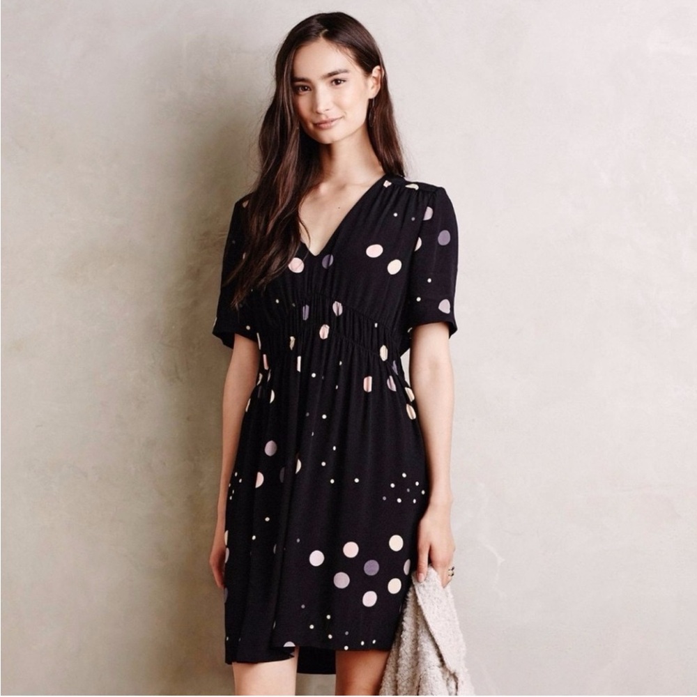 Anthropologie HD in Paris Black Dress with Pink and Gold Polka Dots